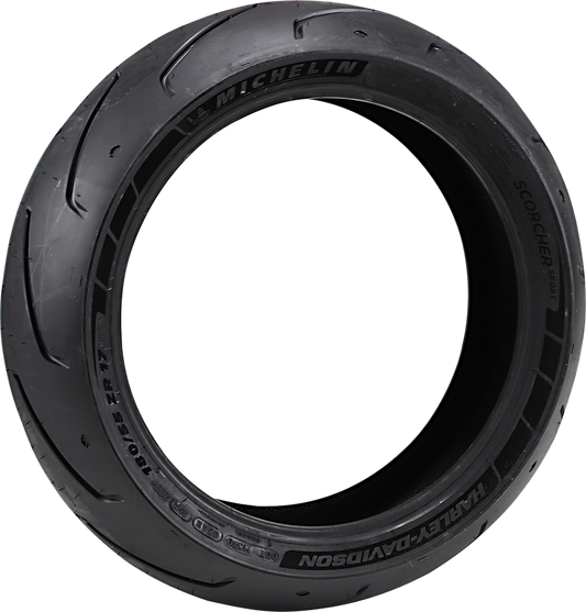 Rear MICHELIN Scorcher Sport motorcycle tire, 180/55ZR17 size, showing tread pattern and sidewall with brand and tire details.