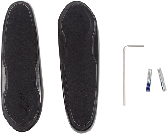 Alpinestars SMX6 black toe sliders for motorcycle boots, durable protective gear for racing and riding.