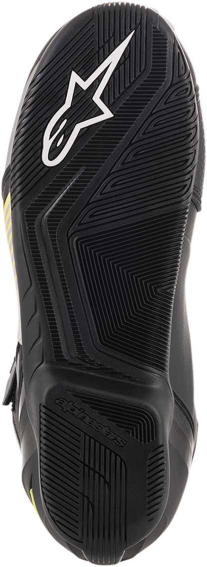 Alpinestars SP-1 v2 riding shoes in black, silver, and yellow featuring protective design and sturdy construction for motorcycling.