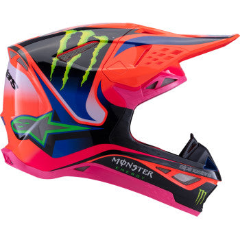 Alpinestars Supertech M10 motorcycle helmet in gloss orange fluo, purple, and pink fluo with MIPS® protection, size 2XL.