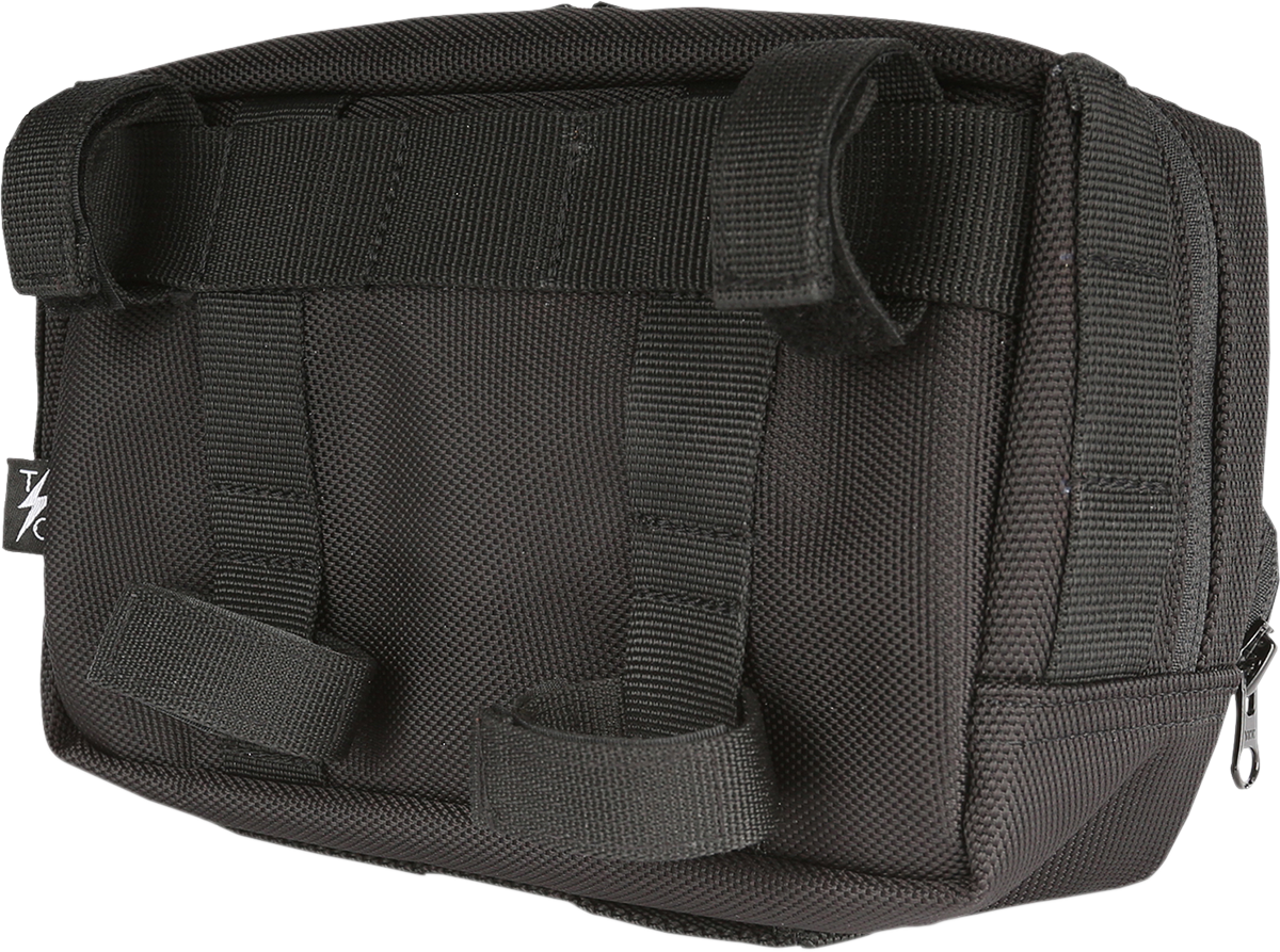 Black handlebar bag by THRASHIN SUPPLY CO. for motorcycles and bicycles, with adjustable straps and compact storage design.