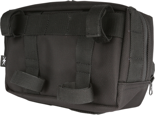 Black handlebar bag by THRASHIN SUPPLY CO. for motorcycles and bicycles, with adjustable straps and compact storage design.