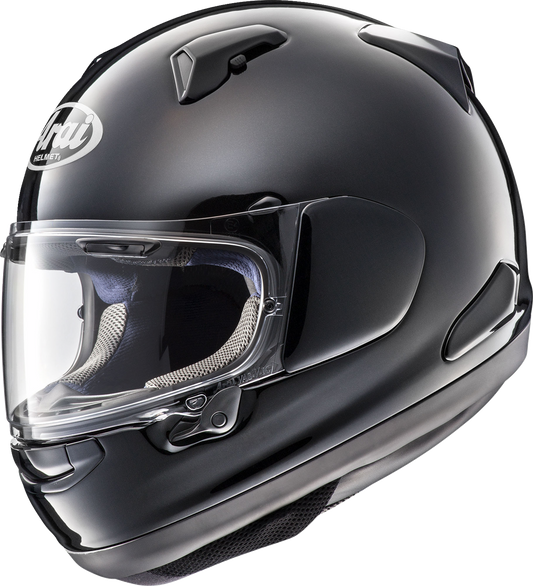 Arai Quantum-X Diamond Black motorcycle helmet in medium size with sleek black design and aerodynamic shape.