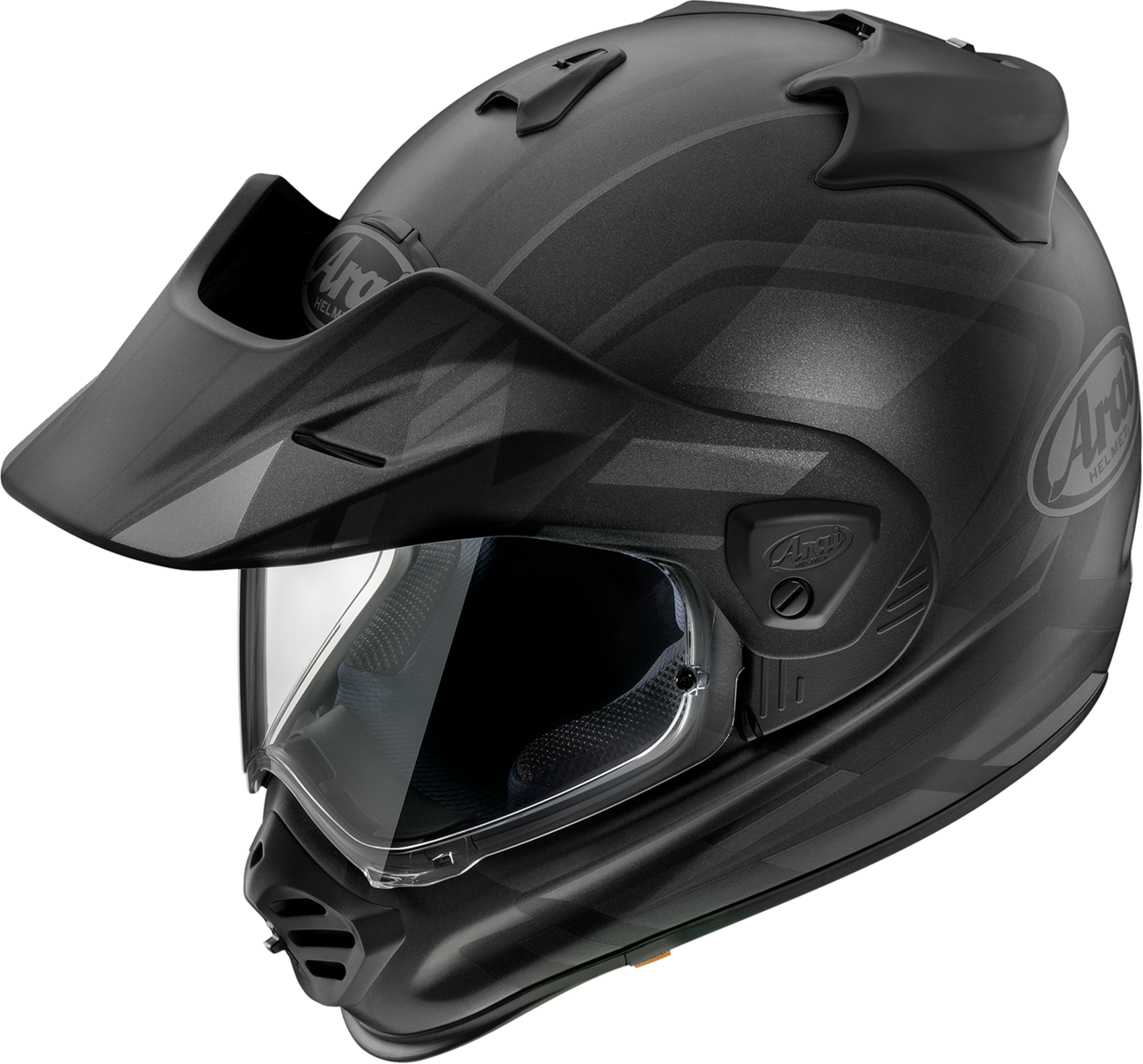 Black Frost ARAI XD-5 Discovery helmet in medium size, featuring a sleek design with secure chin strap and ventilation vents.