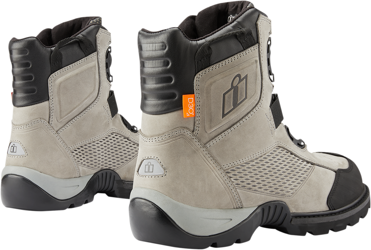 Gray ICON Stormhawk Boots by Bill's Exhausts, size 10, shown with sturdy leather and rugged sole design.