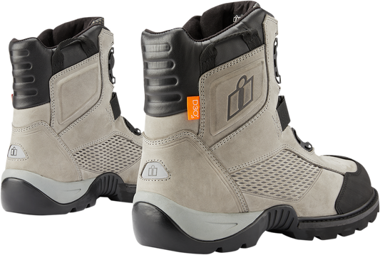 Gray ICON Stormhawk boots by Bill's Exhausts, size 9, featuring sturdy leather construction and rugged outsole design.