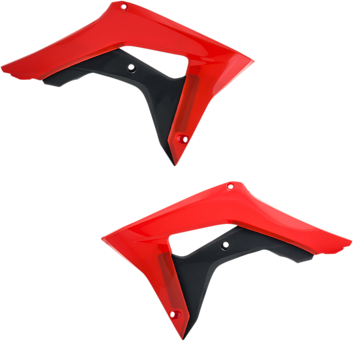 Red and black Acerbis radiator shrouds for off-road bikes, featuring durable body design and bold color accents.