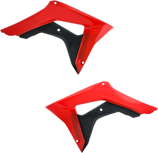 Red and black Acerbis radiator shrouds for off-road bikes, featuring durable body design and bold color accents.