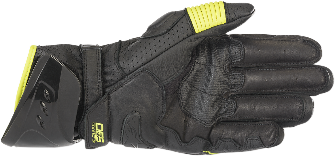 Alpinestars GP Pro R3 motorcycle gloves in black and fluo yellow, size 3XL, with protective knuckles and adjustable wrist straps.