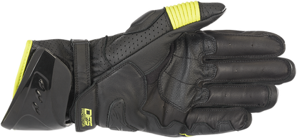 Alpinestars GP Pro R3 motorcycle gloves in black and fluo yellow, size 3XL, with protective knuckles and adjustable wrist straps.