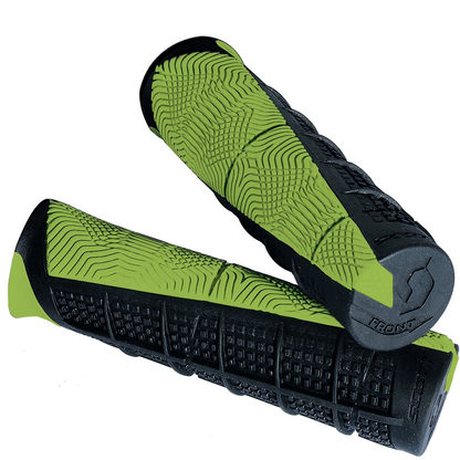 Scott Deuce ATV grips in black and green, featuring textured rubber for enhanced grip and control on off-road vehicles.