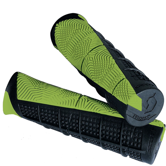 Scott Deuce ATV grips in black and green, featuring textured rubber for enhanced grip and control on off-road vehicles.