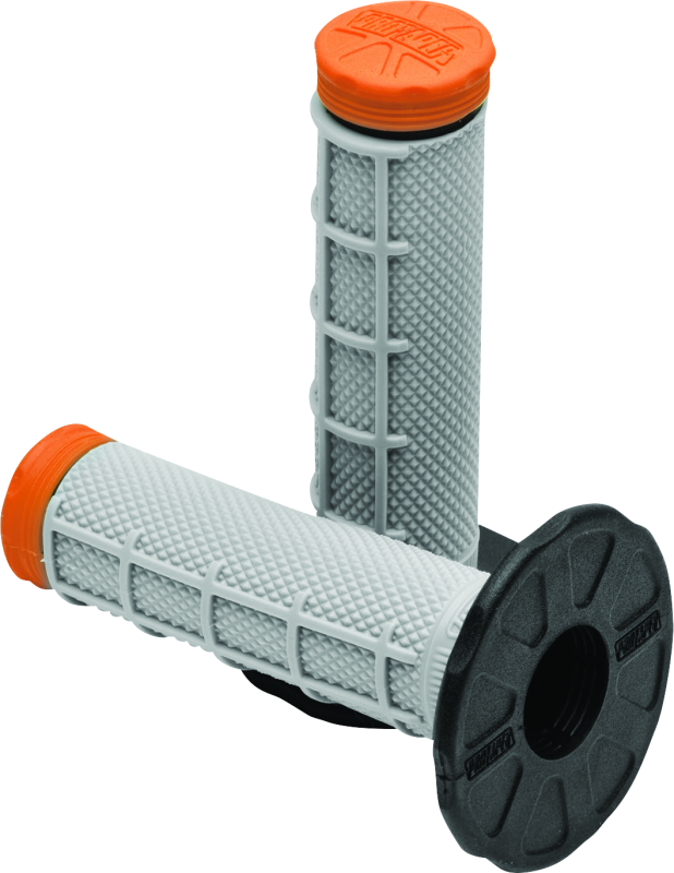 Orange ProTaper Tri Density MX 1/2 Waffle Grips on motorcycle handlebar, featuring textured rubber for enhanced grip and control.