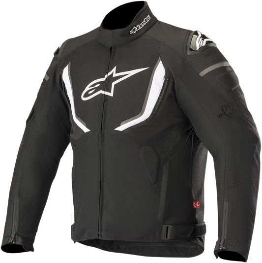 Alpinestars T-GP R v2 motorcycle jacket in black and white, large size, with protective armor and sleek design.