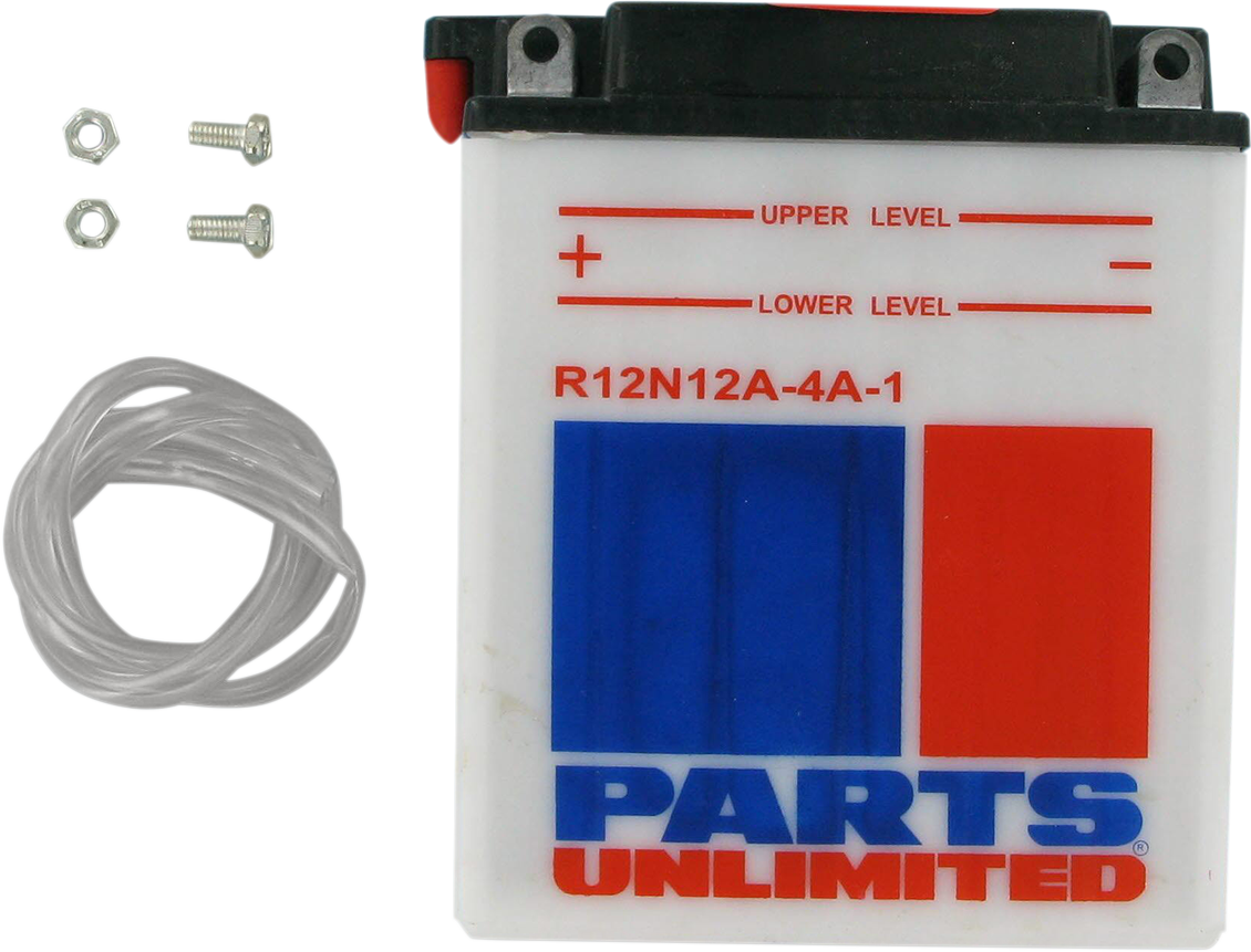 Parts Unlimited 12N12A-4A-1 conventional motorcycle battery showing terminals and casing for reliable power supply