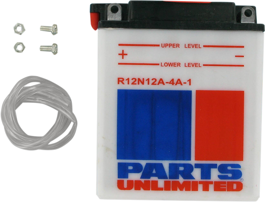 Parts Unlimited 12N12A-4A-1 conventional motorcycle battery showing terminals and casing for reliable power supply