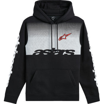 Alpinestars Specter pullover hoodie in black, medium size, featuring logo and casual fit, displayed on a hanger.
