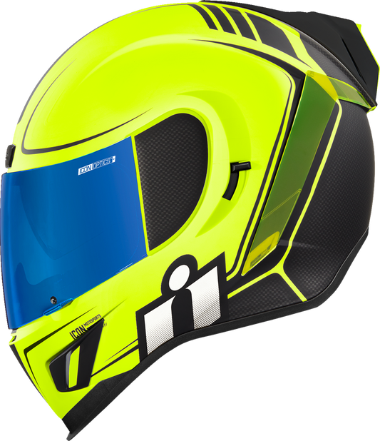 Bill's Exhausts ICON Airform™ Helmet Resurgent Hi-Viz XS helmet with bright colors and aerodynamic design.