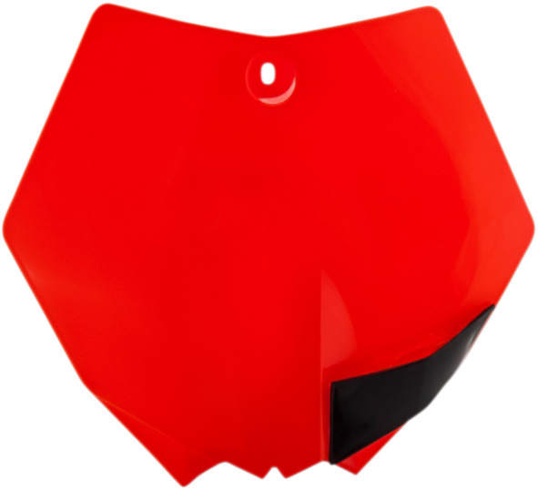 Acerbis fluorescent orange front number plate for motorcycles, featuring bold branding and aerodynamic body design.