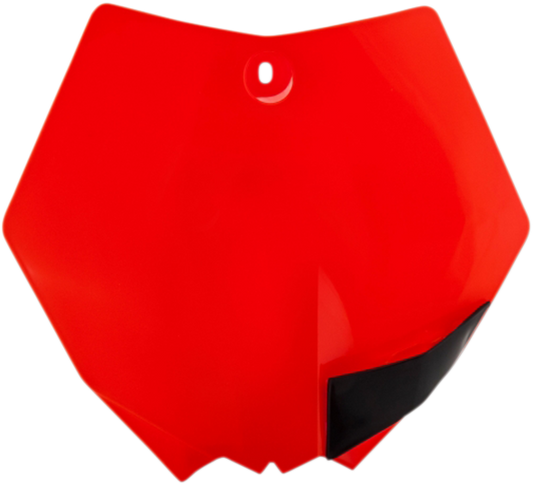 Acerbis fluorescent orange front number plate for motorcycles, featuring bold branding and aerodynamic body design.