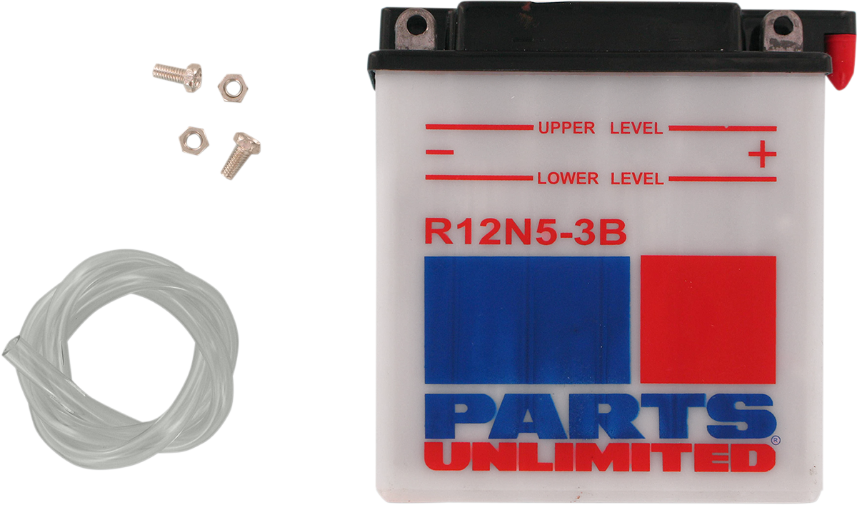 Parts Unlimited 12N5-3B conventional motorcycle and ATV battery with positive and negative terminals visible.