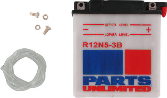 Parts Unlimited 12N5-3B conventional motorcycle and ATV battery with positive and negative terminals visible.
