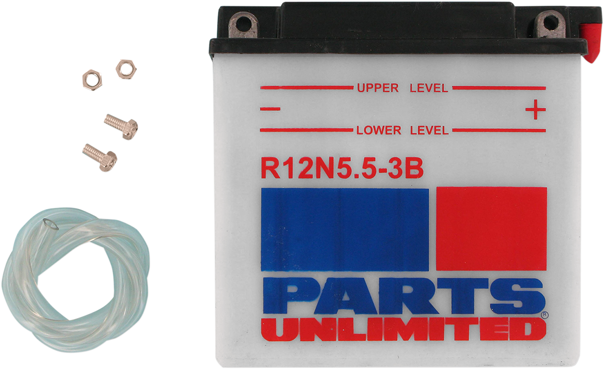 PARTS UNLIMITED 12N5.5-3B motorcycle battery with top terminals, compact and durable for conventional motorcycle use.