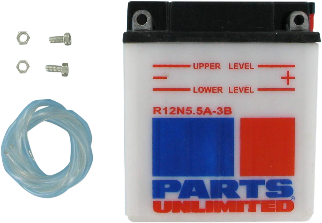 Parts Unlimited 12N5.5A-3B conventional motorcycle battery, compact and reliable power source for various bikes.