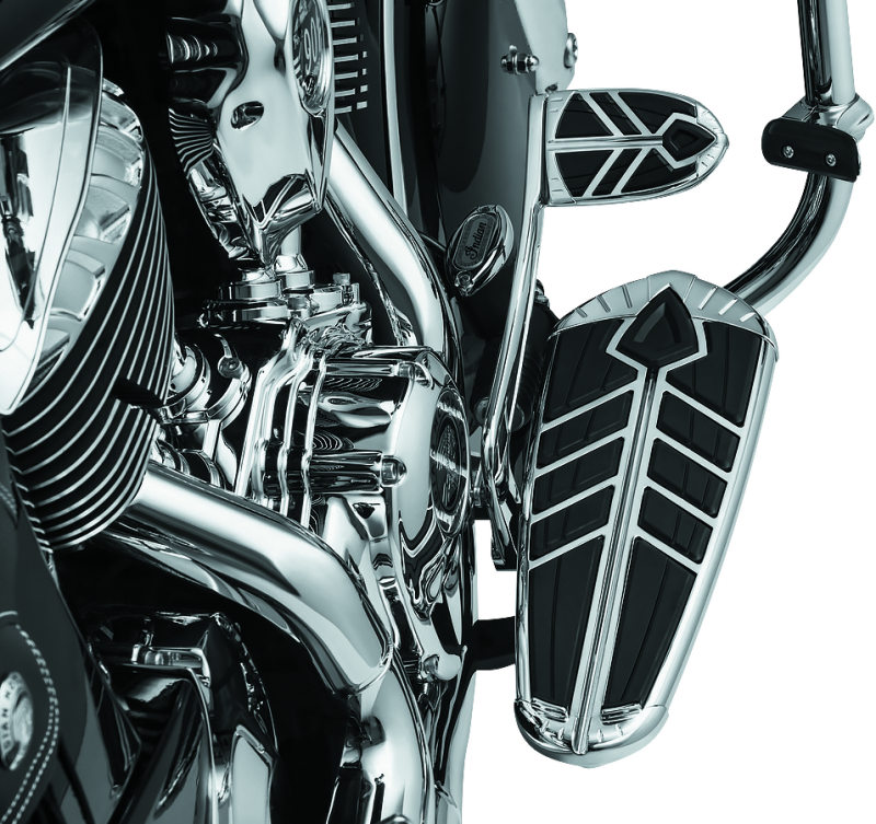 Chrome Kuryakyn Spear Driver Floorboard Inserts for Indian Motorcycles, showing detailed spear design and shiny finish.