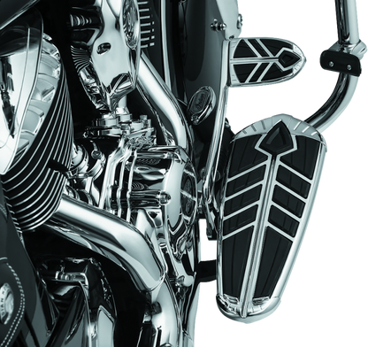 Chrome Kuryakyn Spear Driver Floorboard Inserts for Indian Motorcycles, showing detailed spear design and shiny finish.