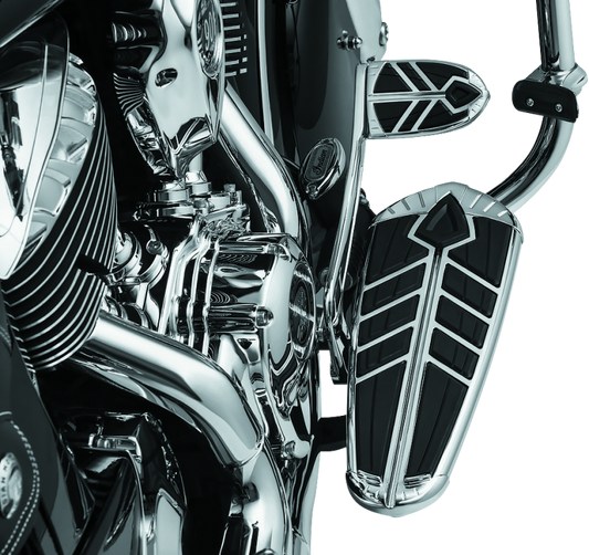Chrome Kuryakyn Spear Driver Floorboard Inserts for Indian Motorcycles, showing detailed spear design and shiny finish.