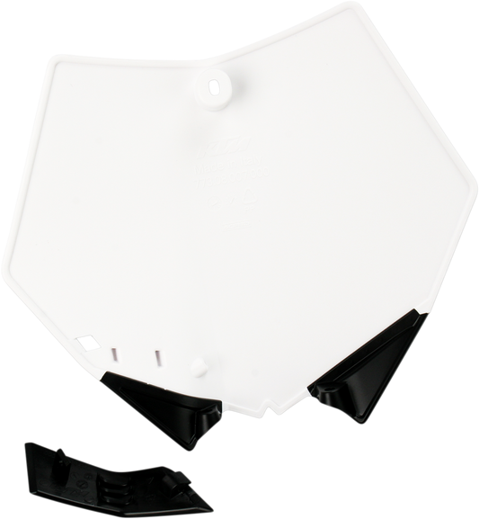 White Acerbis front number plate for motorcycle, mounted on body with mounting brackets, branded by Bill's Exhausts.