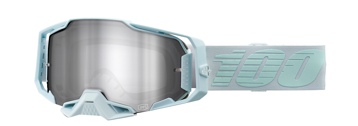 Bill's Exhausts 100% Armega Fargo goggles with silver flash mirror lenses, featuring a sleek design and adjustable strap.