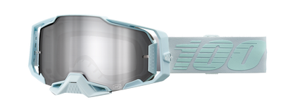 Bill's Exhausts 100% Armega Fargo goggles with silver flash mirror lenses, featuring a sleek design and adjustable strap.