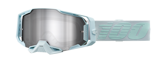 Bill's Exhausts 100% Armega Fargo goggles with silver flash mirror lenses, featuring a sleek design and adjustable strap.