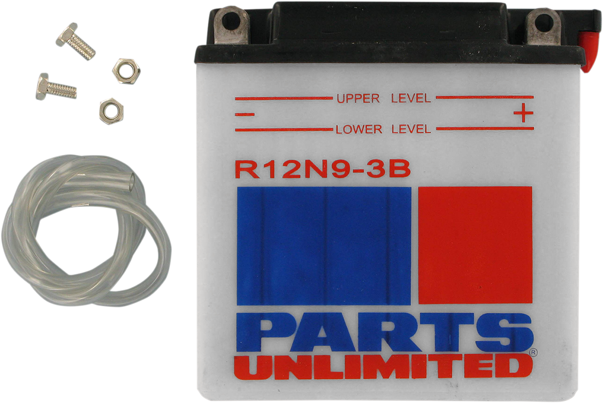 Parts Unlimited 12N9-3B conventional car battery, with black case and positive/negative terminals, for reliable vehicle power.