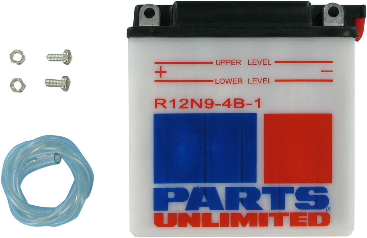 Parts Unlimited 12N9-4B-1 conventional motorcycle battery for reliable power replacement, shown in the image.