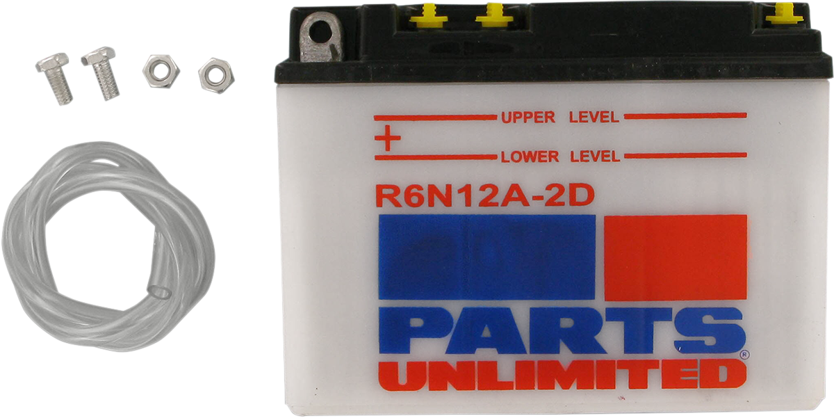 Parts Unlimited 6N12A-2D conventional motorcycle battery with terminals and casing for reliable vehicle power.