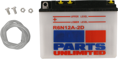 Parts Unlimited 6N12A-2D conventional motorcycle battery with terminals and casing for reliable vehicle power.