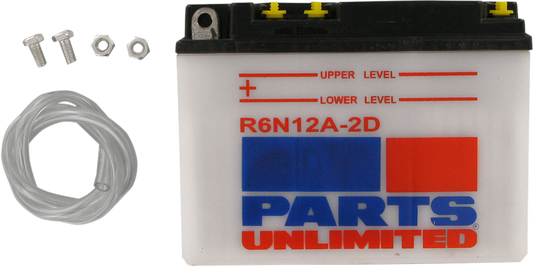 Parts Unlimited 6N12A-2D conventional motorcycle battery with terminals and casing for reliable vehicle power.