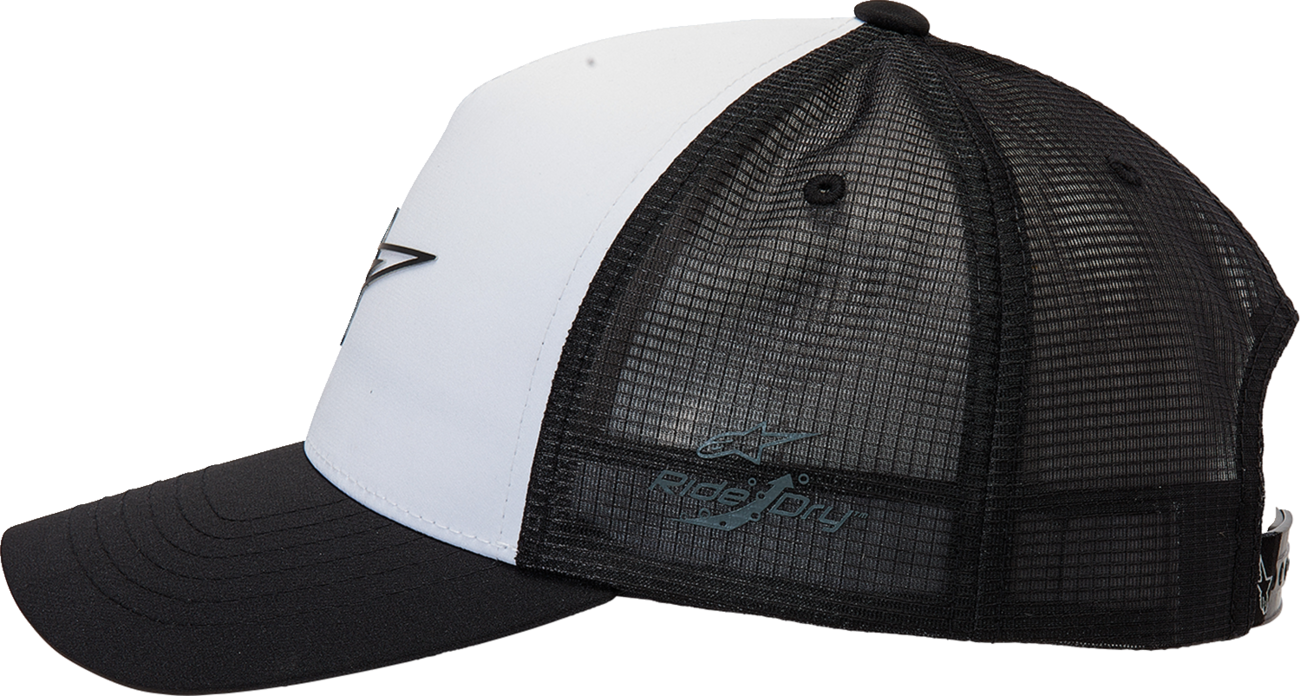 Alpinestars Advantage Tech Trucker Hat in white and black with mesh back, adjustable one size, outdoor casual style.