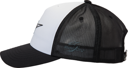 Bill's Exhausts Alpinstars Delivery Trucker Hat in white and black, one size, featuring a classic mesh trucker cap design.