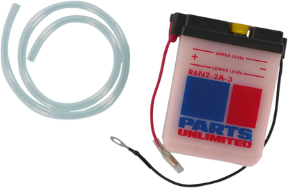 Parts Unlimited 6N22A3 motorcycle battery providing reliable power supply, with visible terminals and durable casing.