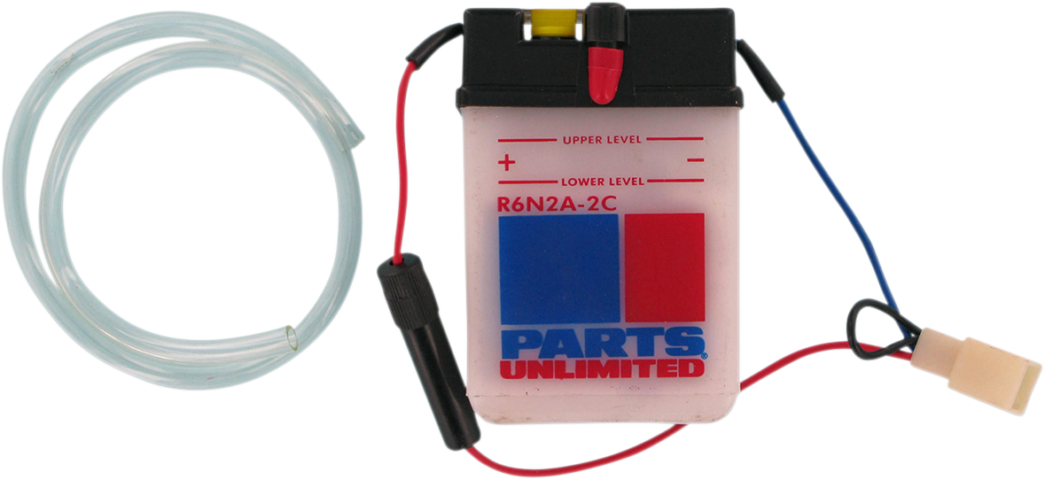 Parts Unlimited 6N2A2C conventional vehicle battery with reliable power, featuring terminals and casing visible in the image.