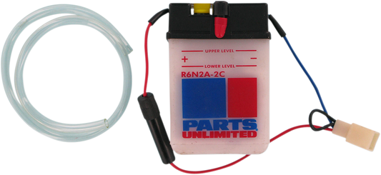 Parts Unlimited 6N2A2C conventional vehicle battery with reliable power, featuring terminals and casing visible in the image.