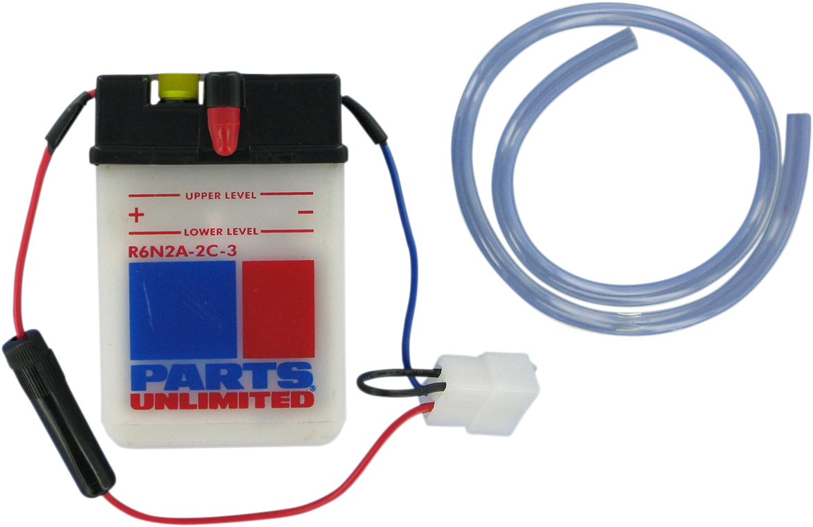 Parts Unlimited 6N2A2C3 motorcycle battery, conventional dry-shipped lead acid battery for motorcycle use.