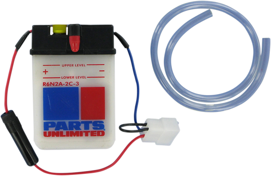Parts Unlimited 6N2A2C3 motorcycle battery, conventional dry-shipped lead acid battery for motorcycle use.