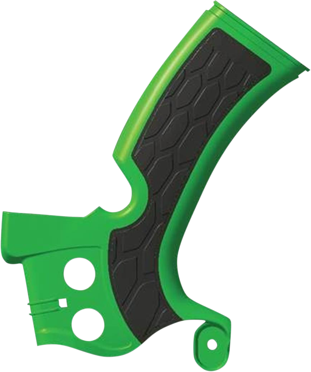 Green and black Acerbis X-Grip frame guards for motorcycle body protection, featuring durable design and brand-specific detailing.