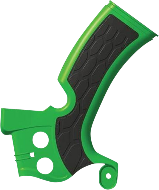 Green and black Acerbis X-Grip frame guards for motorcycle body protection, featuring durable design and brand-specific detailing.