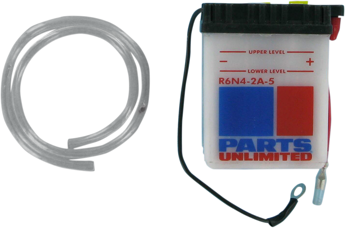 Parts Unlimited 6N42A5 conventional motorcycle battery providing reliable power and starting performance.
